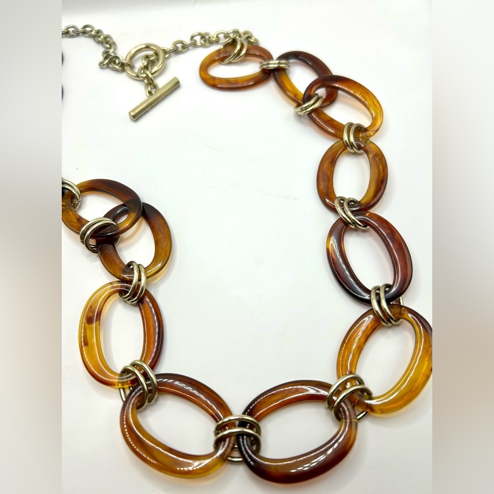 Vintage Long Liz Claiborne Faux Tortoise Shell Link Bold Statement Necklace 36”